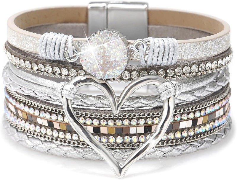 Suyi Multilayer Leather Wrap Bracelet Heart-Shape Wide Cuff Bracelets for Women - Image 1